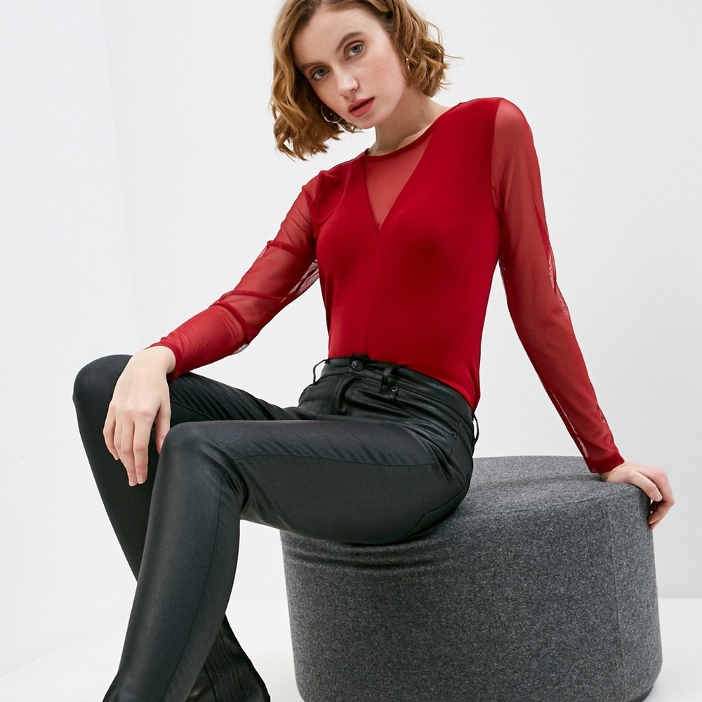 DKNY Sheer Panel Long Sleeve Top Red Large NWT